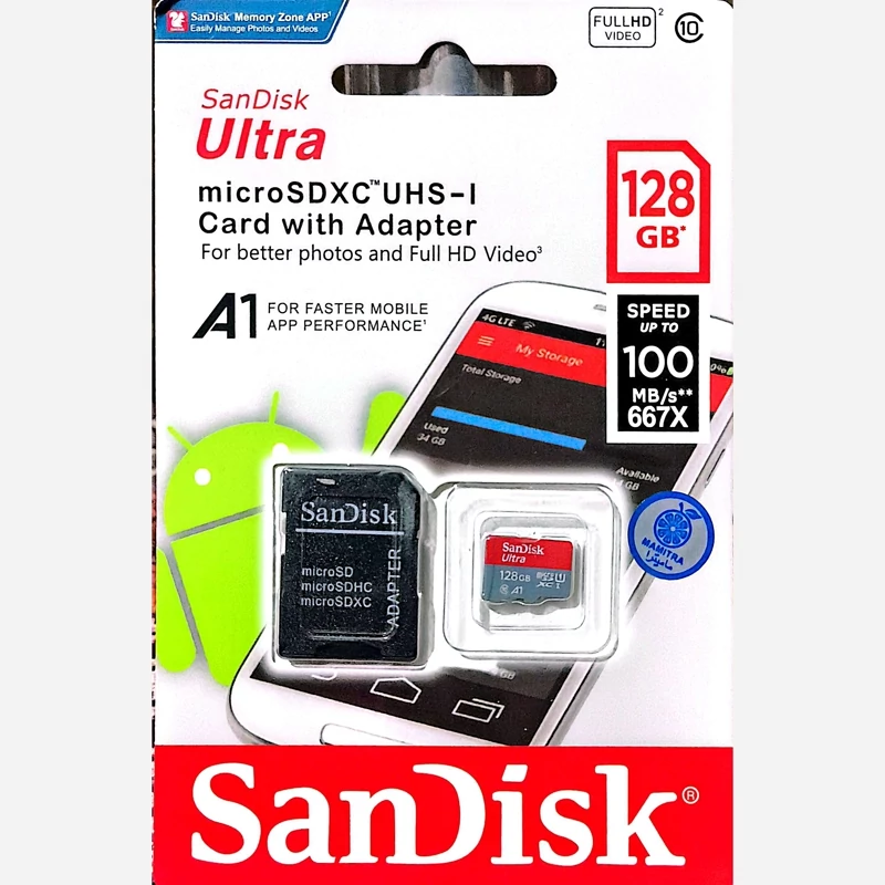 کارت حافظه microSDHC سن دیسک مدل Ultra A1 ظرفیت 128 گیگابایت به همراه آداپتور SDسرعت 100m/s با امکان خرید به صورت اقساطی